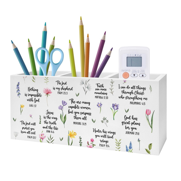Exqcom Inspirational Floral Bible Verses Pen Pencil Holder, Christian Office Desk Decor, Religious Scripture Pencil Pen Holder Organizer for Home Off