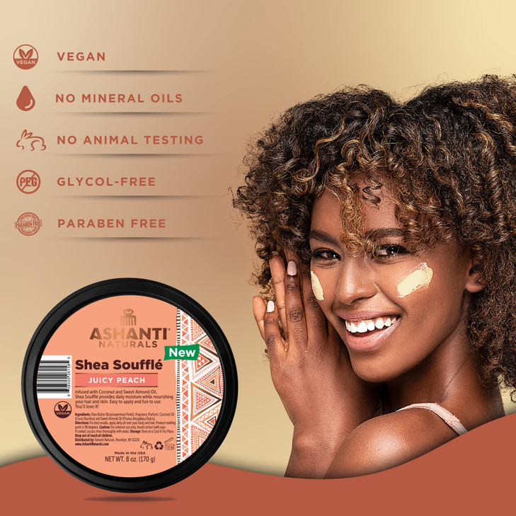 Ashanti Naturals Scented Whipped Shea Butter for Skin | African Body Butter for Women w/Coconut, Almond Oil (Juicy Peach Souffle, 8 oz)
