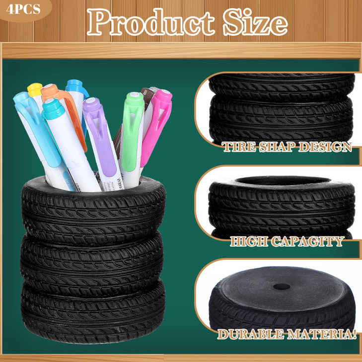 4 PCS Tire Shape Pencil Holder, Car Tire Pencil Holder, Black Pen Holder, Suitable for Classroom, School, Office, Study Room (Black)