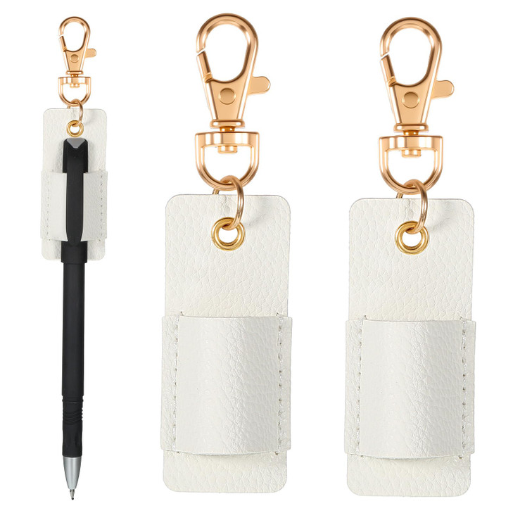 2 Pcs Pen Holder for Lanyard, White PU Leather Anti-Lost Lanyard Pen Clip Retractable Pens Holder Clip Keychain, Portable Pouch Pocket Pens Holders f