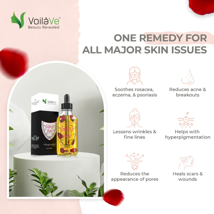 VoilaVe Organic Rose Oil for Face, Hair & Body - Hydrating Moisturizer for Dry Skin, Scalp, Nails & Cuticles - Reduces Wrinkles, Fine Lines, Scars -