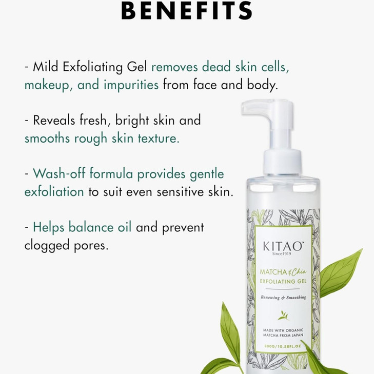KITAO Exfoliating Body Scrub for Women & Men with Matcha, Chia & Acai, Facial Exfoliator, Body Exfoliator Gel, Skin Exfoliant, Dead Skin Remover for