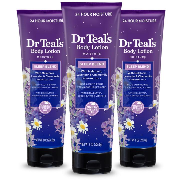 Dr Teal's Sleep Body Lotion, 24-Hour Moisture, with Melatonin, Lavender & Chamomile Essential Oils, 8 fl oz (Pack of 3)