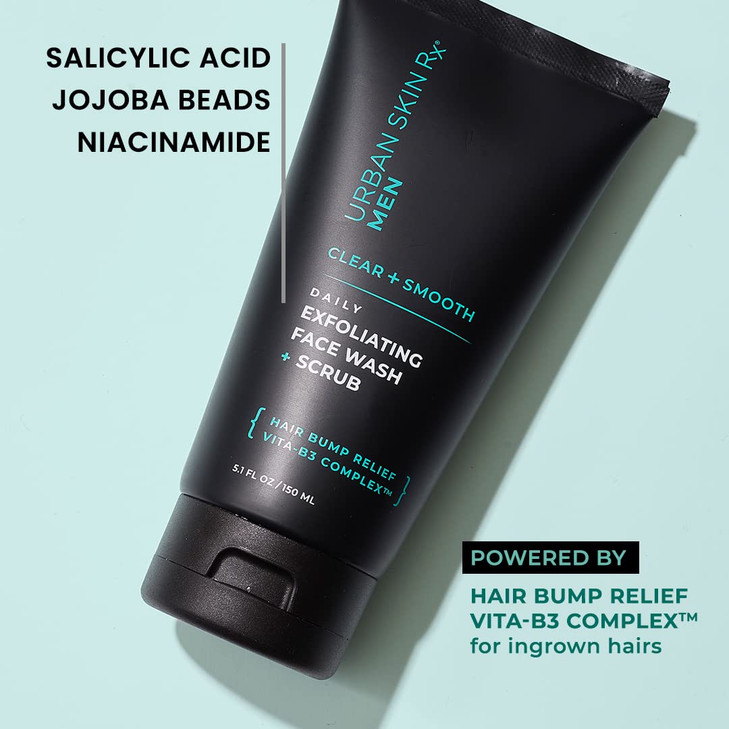 Urban Skin Rx® Men's Clear & Smooth Daily 2-In-1 Cleansing Face Wash + Exfoliating Scrub, Improves the Look of Ingrown Hairs & Clogged Pores, Brighte