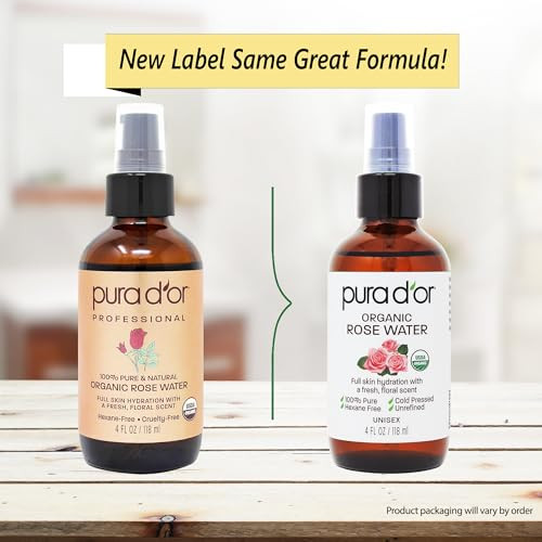 PURA D'OR 4 Oz Organic Rose Water Toner - USDA Certified 100% Pure Full Skin Hydration, Control Excess Oils- Cleanses & Softens - Promotes Healthy Sk