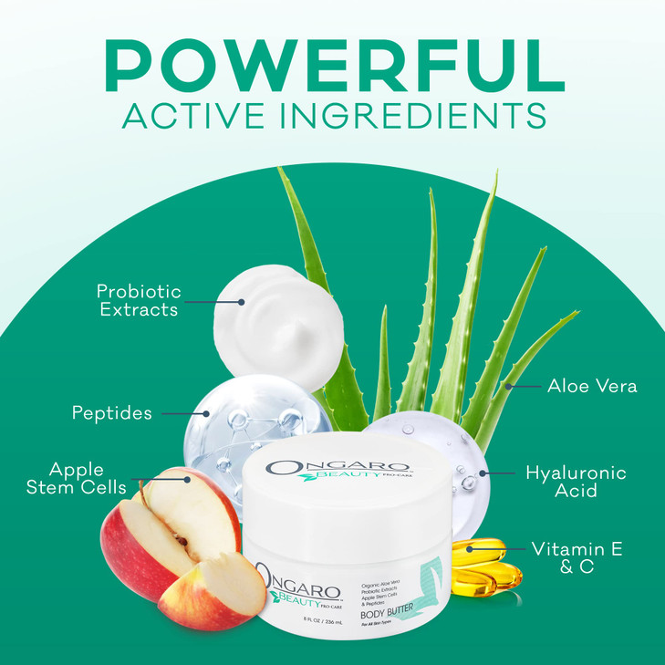 Ongaro Beauty - Whipped Body Butter Cream, Organic Shea Butter for Women with Aloe Vera, Plant Stem Cells, Peptides, Hyaluronic Acid, Probiotics, Vit
