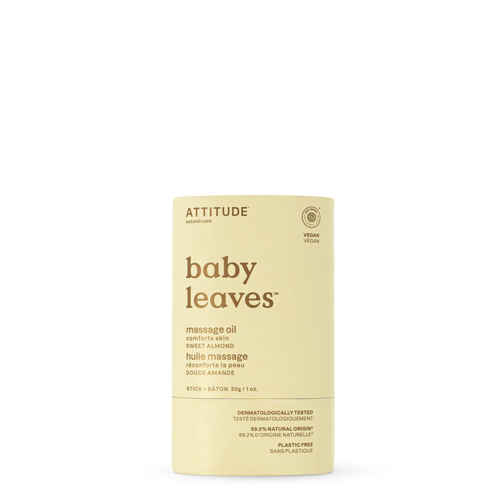 ATTITUDE Plastic-Free Massage Oil Bar for Baby, EWG Verified, Dermatologically Tested, Made with Naturally Derived Ingredients, Vegan, Sweet Almond,