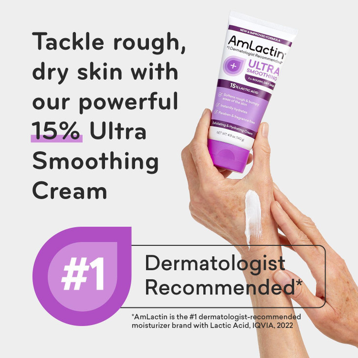 AmLactin Ultra Smoothing - Therapeutic Hand Cream for Dry Cracked Hands - No-Scrub Exfoliator and Moisturizer with 15% Lactic Acid AHA, 4.9 oz (Packa