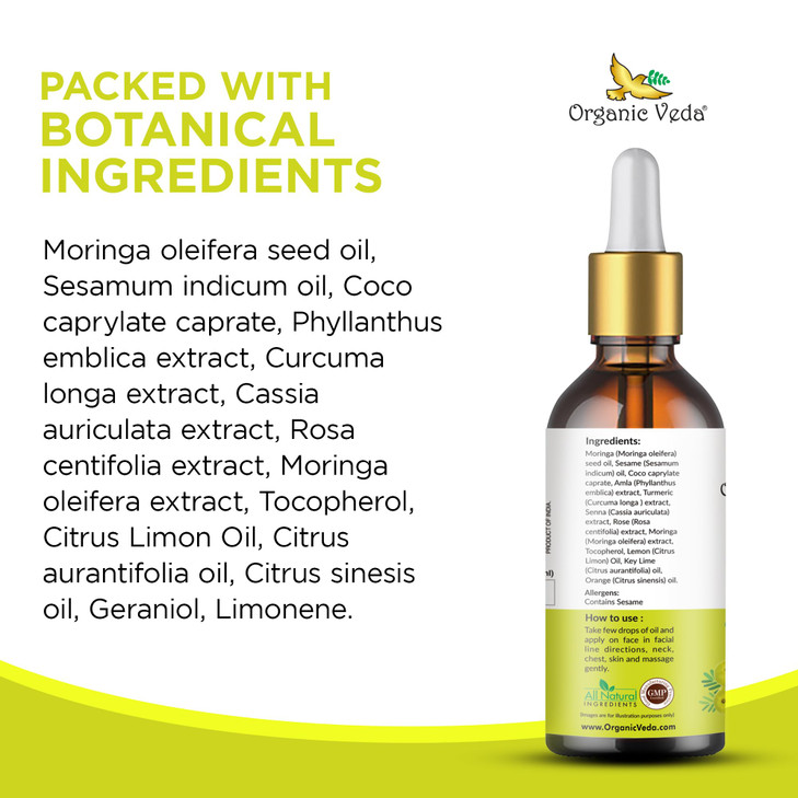 Organic Veda Moringa Face Oil - Hydrating, Fast Absorbing, Miracle Tree Antioxidants, Facial Serum - Organic Moringa Oil, Turmeric, Rose -Anti-Aging,