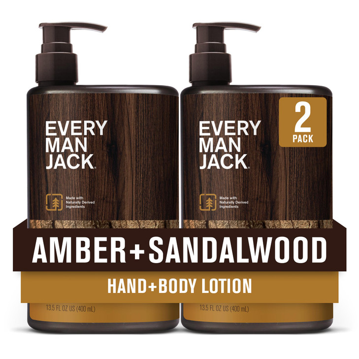 Every Man Jack Mens Amber + Sandalwood Hand & Body Lotion for All Skin Types - Dermatologist Tested & Hypoallergenic - Nourish Skin with Lightweight