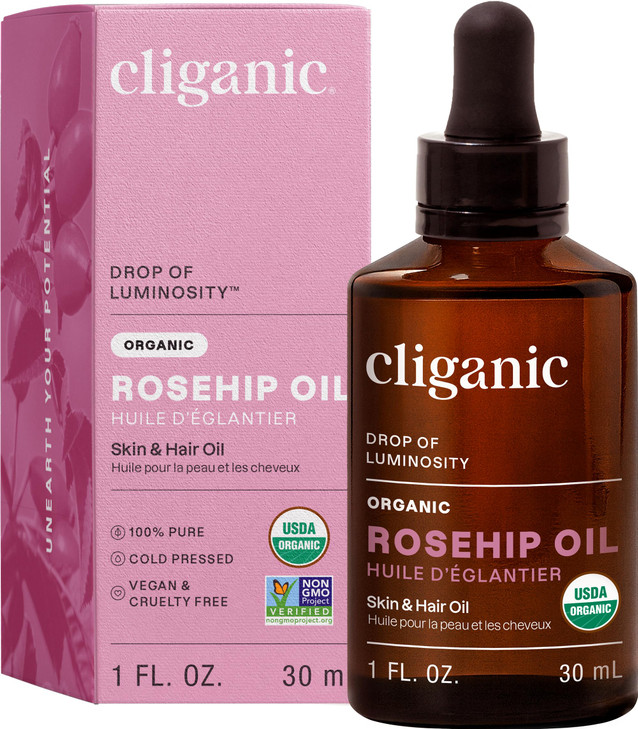 Cliganic Organic Rosehip Seed Oil for Face, 100% Pure | Natural Cold Pressed Unrefined Non-GMO | Carrier Oil for Skin, Hair & Nails