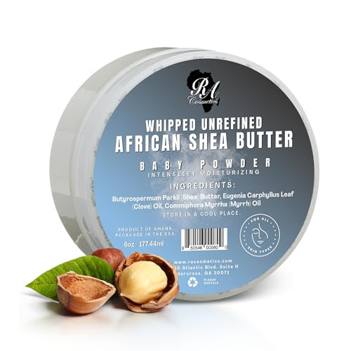 RA Cosmetics Whipped Shea Butter Baby Powder - 6oz | 100% Pure & Natural African Shea Butter for Men & Women - Ultimate Handcrafted Moisturizer with
