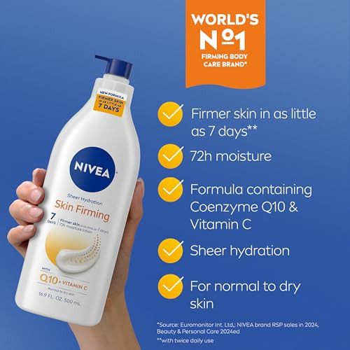 NIVEA Sheer Hydration Skin Firming Body Lotion with Q10 and Vitamin C, 72-Hour Body Moisturizer for Normal to Dry Skin, 16.9 Fl Oz Pump Bottle, Pack