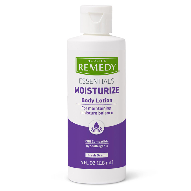 Medline Remedy Essentials Moisturizing Body Lotion, Fresh Scent, 4 oz., Nourishing Skin Care Formula, Hypoallergenic, Pack of 48
