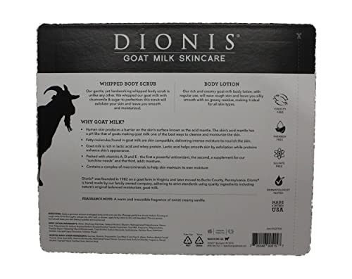 Dionis Goat Milk Bath & Body Set, 3 Piece Set, Includes 1 oz. (28 g) Body Lotion & 2 fl oz. (59mL) Whipped Body Scrub x2, Cruelty Free, Paraben & Sul