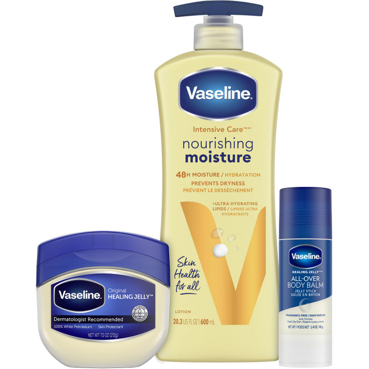 Vaseline Intensive Care Essential Healing Body Lotion, 20.3 oz, Bundled with Petroleum Jelly Original, 7.5oz, and All-Over Body Balm Stick, 1.4 oz -