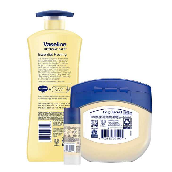 Vaseline Intensive Care Essential Healing Body Lotion, 20.3 oz, Bundled with Petroleum Jelly Original, 7.5oz, and All-Over Body Balm Stick, 1.4 oz -