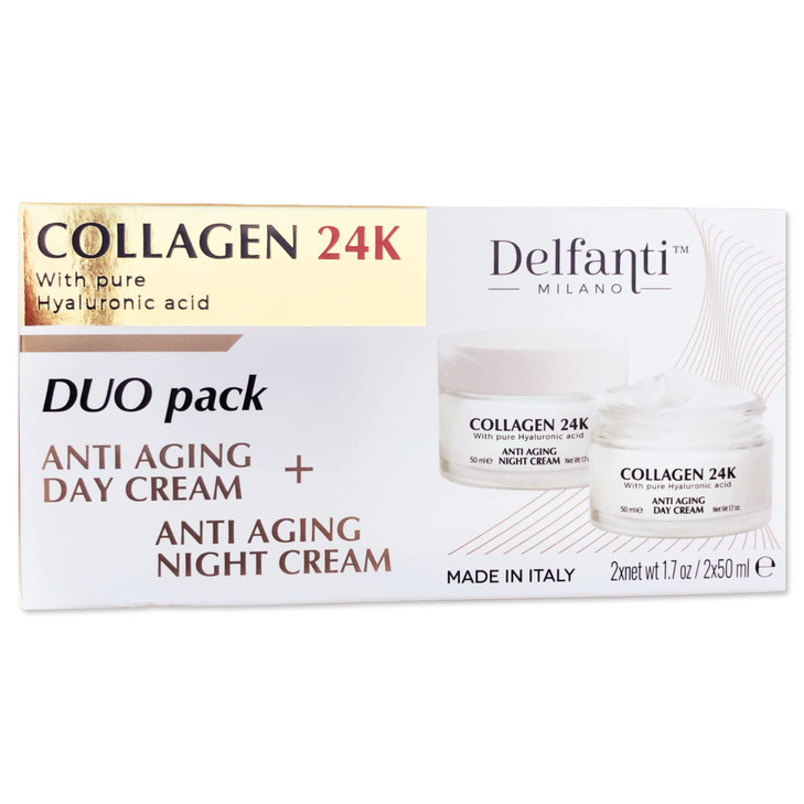 Delfanti  COLLAGEN 24K  Anti-Aging DUO pack  Day Cream jar PLUS Night Cream jar Face, Neck and Décolleté Moisturizers with pure Hyaluronic Acid 
