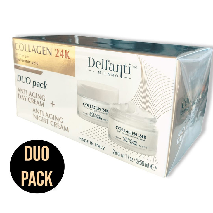 Delfanti  COLLAGEN 24K  Anti-Aging DUO pack  Day Cream jar PLUS Night Cream jar Face, Neck and Décolleté Moisturizers with pure Hyaluronic Acid 