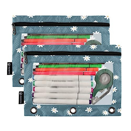 Flower Dots Cute Floral Binder Pencil Pouch for 3 Ring Pencil Pouch with Zipper Clear Window Pencil Case Pencil Pouches Bags for Travel Office Suppli