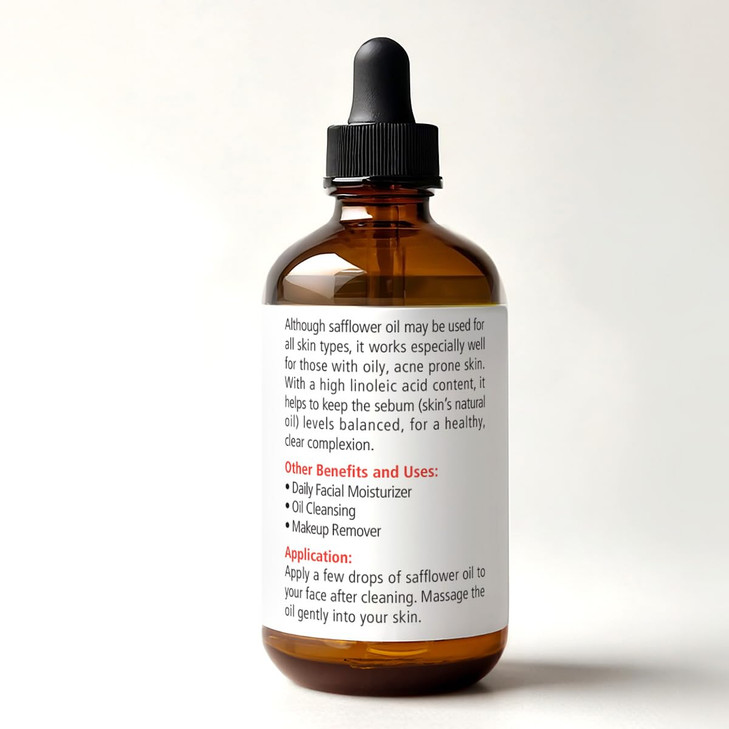 SAFFLOWER SEED OIL FACE MOISTURIZER - 4 oz. Dark Glass Bottle with Dropper | High linoleic facial serum regimen for acne and oily skin | Best all nat