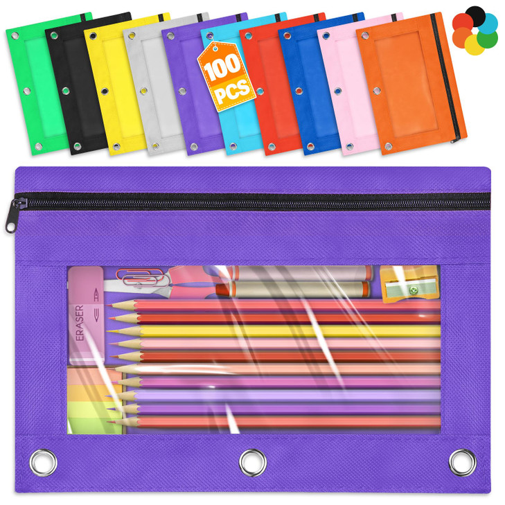 Pencil Pouch for 3 Ring Binder, 36 Packs Zipper Pencil Pouch Bulk in 6 Colors, Pencil Case for Binder with Clear Window for School, Home and Office