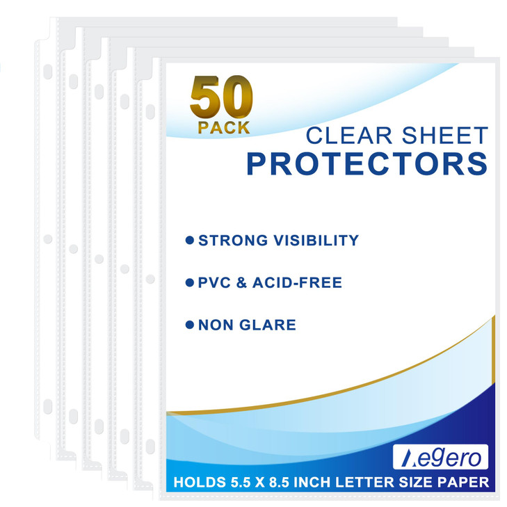 Aegero 50 Pack Clear Sheet Protectors, 5.5 x 8.5 inch Page Protectors for Mini 3 Ring Binder,Top Loading Paper Protector for Documents and Photos