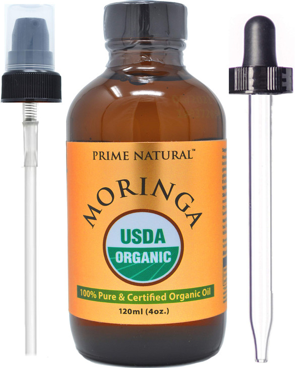 PRIME NATURAL Organic Moringa Oil USDA Certified, 100% Pure, Cold Pressed, Virgin, Unrefined Oil (4oz /120ml) - Joints, Skin, Face, Body & Hair - Veg