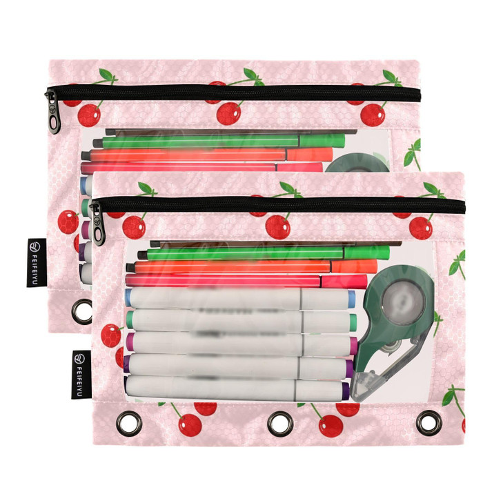 Fustylead Cherry Big Capacity Pencil Bag Fits 3 Ring Binders, Waterproof Pencil Case with Clear Window for College Office Supplies 2 Pack