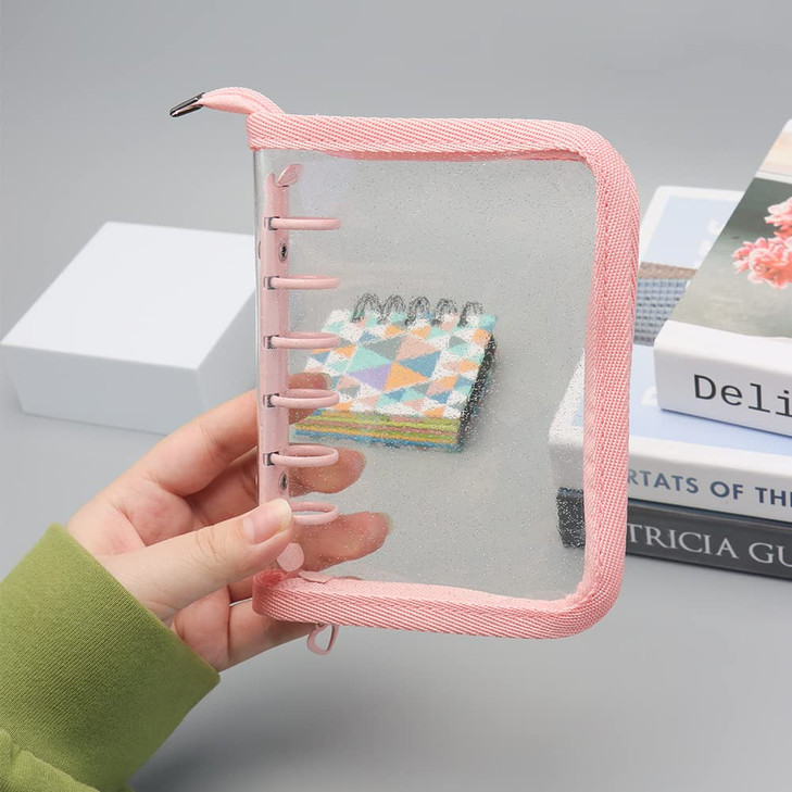 Clear A7 Binder Wallet with Zipper, Pink 6 Ring Glitter Budget Binder Loose Leaf Zip Up Binder Cover for Cash Envelopes System, Photocard Album, Jour