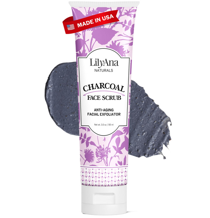 LilyAna Naturals Charcoal Face Scrub - Facial Exfoliator - Microdermabrasion Scrub - Facial Skin Care Products for Women and Men - Lavender and Tea T