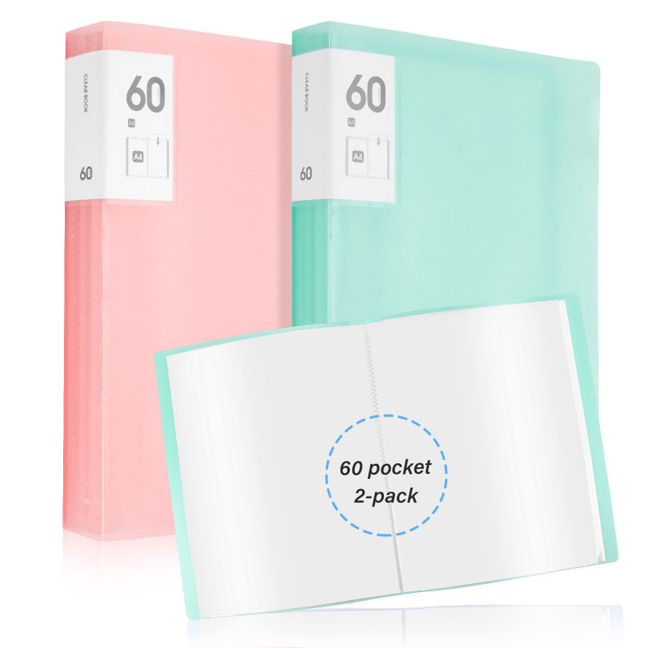 2 Pack A4 Size Display Book, Presentation Binder with Plastic Sleeves 60-Pocket Bound, Presentation Book Art Portfolio Folder, Sheet Protector for Ar