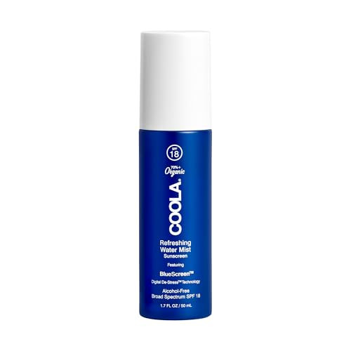 COOLA Organic Refreshing Water Mist Face Moisturizer with SPF 18, Dermatologist Tested Face Sunscreen with Plant-Derived BlueScreen Digital De-Stress