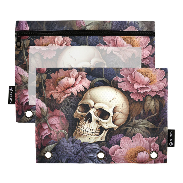PJGINUIUA Floral Skull Binder Pouch Zippered Pencil Pouches for 3 Ring Binder, 2 Pack Binder Pockets 3 Holes Pencil Case Bags with Clear Window
