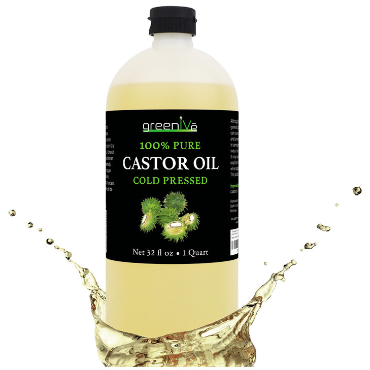 GreenIVe 100% Pure Castor Oil  Cold-Pressed, Hexane-Free  Hair, Eyebrows, Eyelashes, Skin Moisturizer, Castor Pack Wrap Oil Bulk Bottle (32 Fl oz)