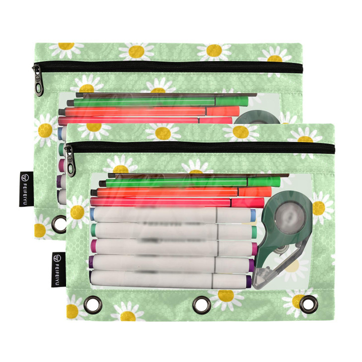 SUABO Daisy Flowers Green Pencil Pouch for 3 Ring Binder, Pencil Bag Pencil Case Cosmetic Bag with Zipper Clear Window for Office Travel Cosmetic, 2