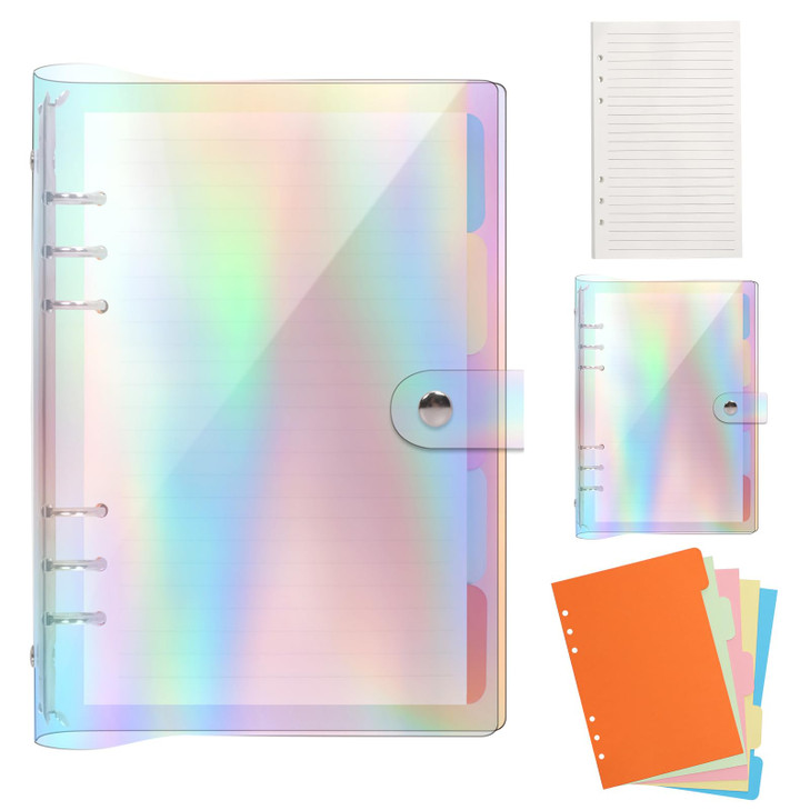 FYY Clear A5 Notebook Binder 6 Ring - Transparent Loose Leaf Refillable A5 Journal Notebook Binder with 45 Sheets Paper and Dividers, Clear Plastic C