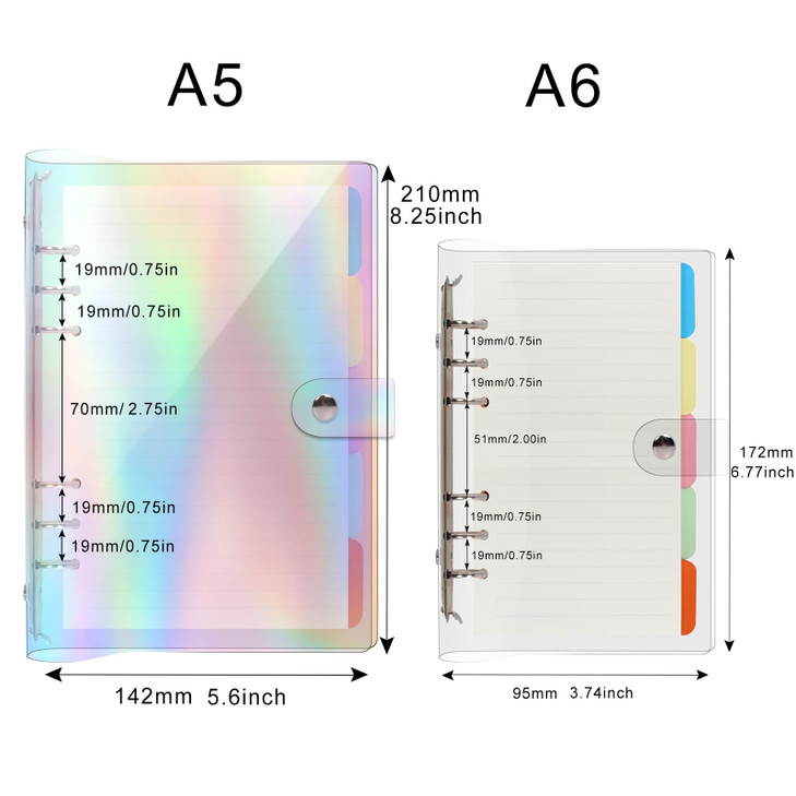 FYY Clear A5 Notebook Binder 6 Ring - Transparent Loose Leaf Refillable A5 Journal Notebook Binder with 45 Sheets Paper and Dividers, Clear Plastic C