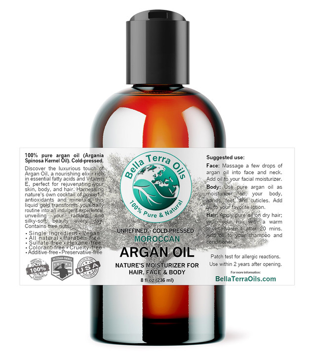 Bella Terra Oils - Argan Oil 8 oz - Pure Moroccan Elixir, Enhances Shine in Hair, Deeply Nourishes Skin, Perfect Oil for Curly Hair