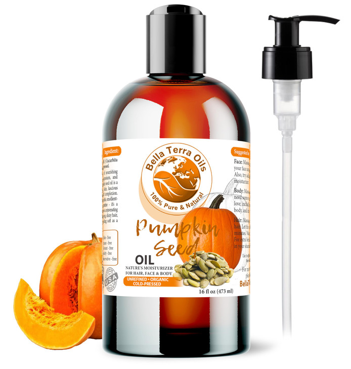 Bella Terra Oils - Organic Pumpkin Seed Oil 16oz - An Ode to Organic Pumpkin's Nutrient Array, Packed with Cucurbitin & Essential Amino Acids, A Skin
