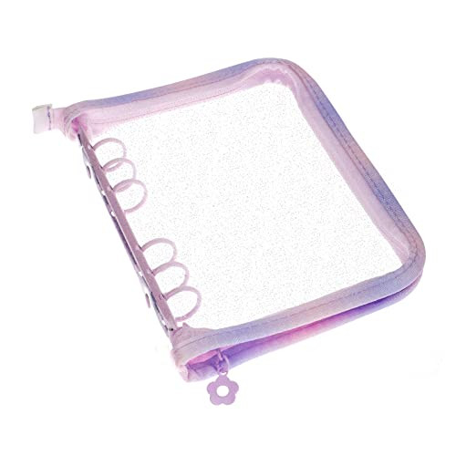 NEWEST A6 Notebook Binder Cover with Zipper, Purple Gradient 6 Ring PVC Planner Budget Binder Shell, Flashing Clear Refillable Loose Leaf Journal Alb