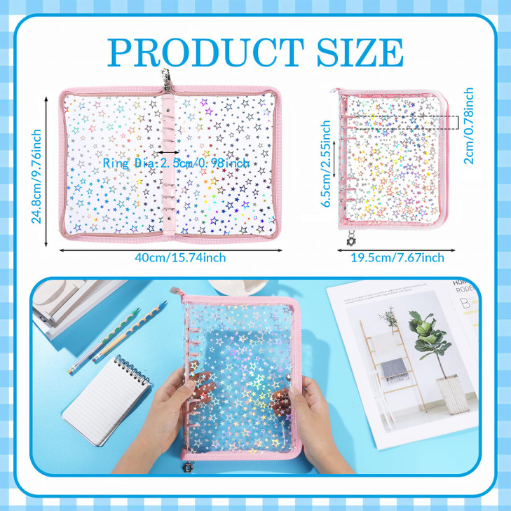 NEWEST A5 Budget Binder Cover with Zipper for Cash Budget System, Glitter Stars A5 6 Ring Binder Planner, Clear PVC Refillable Notebook Shell for Jou