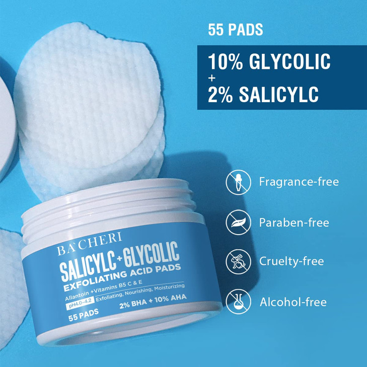 10% Glycolic Acid + 2% Salicylic Acid Peel Pads - BACHERI Resurfacing Pads For Face with Vitamins B5, C & E, Allantoin - Exfoliating Facial Peel for