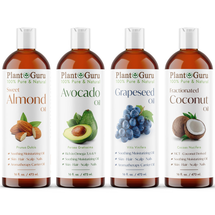 Carrier Oil Variety Set 16 oz Cold Pressed 100% Pure Natural Almond, Avocado, Coconut Fractionated, Grapeseed. For Aromatherapy Essential Oils, Skin