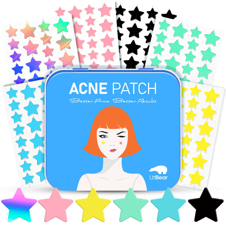 LitBear Acne Pimple Patch, 6 Colors 168 Dots Star Pimple Patches with Tea Tree Oil & Centella Oil, Hydrocolloid Acne Patches for Face Cute Zit Patche