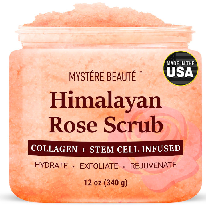 MYSTÉRE BEAUTÉ Himalayan Salt Body Scrub 12 oz - with Collagen and Stem Cells - Exfoliating Salt Scrub for Cellulite - Deep Cleansing for Acne, Scars