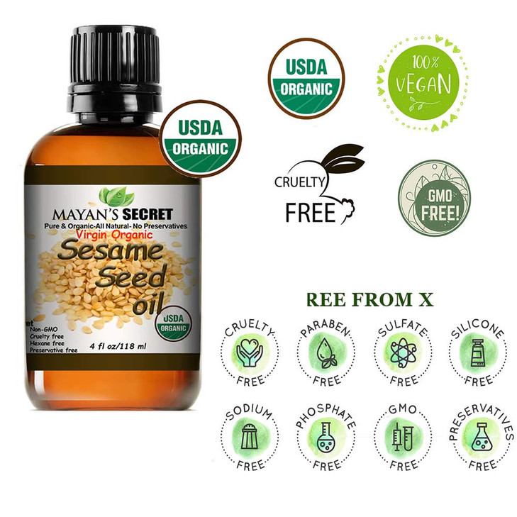 Mayan's Secret USDA Certified Virgin Organic Sesame Seed Oil Unrefined 100% Pure Natural For Skin, Body, Face, and Hair Growth Large 4oz Glass Bottle