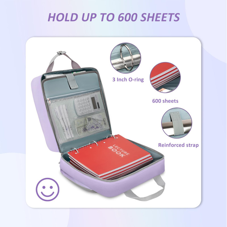 Ytonet Zipper Binder with Shoulder Strap, 3 Inch 3 Ring Binder with Zipper, 600 Sheets Large Capacity Waterproof School Binders Organizer for Girls S