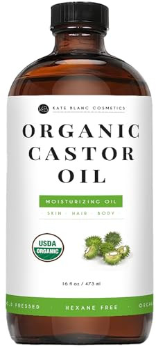Kate Blanc Cosmetics Castor Oil for Face, Hair & Skin (16oz, Organic, Cold Pressed, Hexane-Free) Moisturizer for Eyelashes, Eyebrows, and Scalp