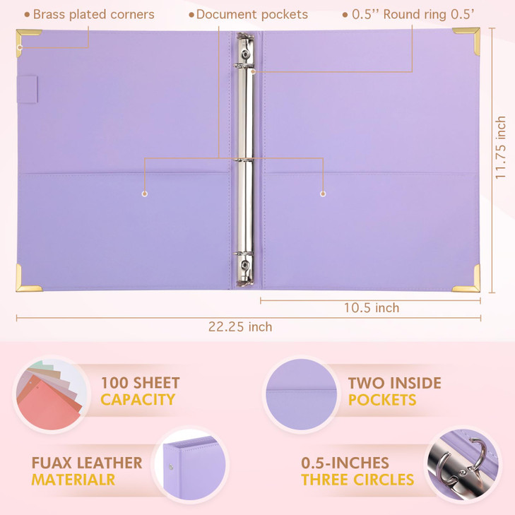 Ctosree 3 Ring Binder 0.5 inch, Pastel Binder with Pockets 4 Pack Fits Letter Size 11" x 8.5" Paper 100 Sheets Capacity Document Organizer Brass Roun